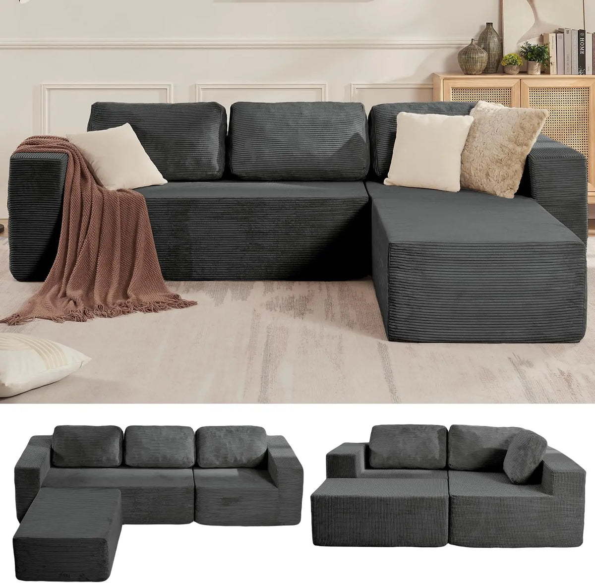Sofá seccional reversible Cloud de 106" - Asiento profundo, modular en forma de L, tapizado en espuma, sin montaje, salón/dormitorio