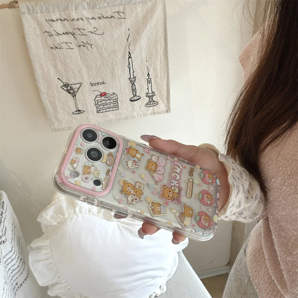Funda de Teléfono con Diseño de Rilakkuma y Fresas para iPhone 17 Pro, 16 Pro Max, 15 Pro, con Cadena, Fundas Kawaii de Dibujos Animados, Antigolpes