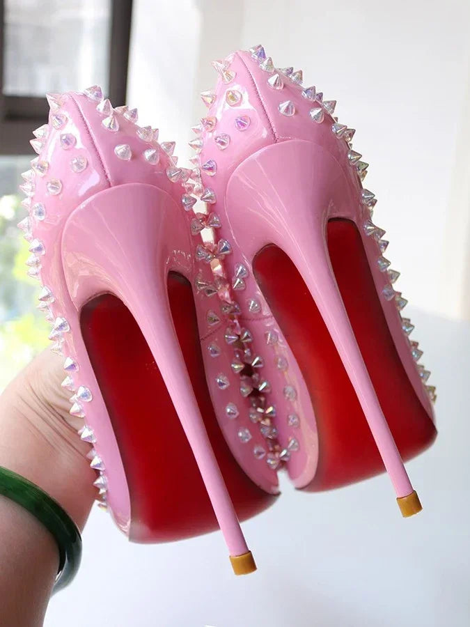 New Sexy Purple Inlaid Fashion High Heels Pink Rivet Professional Office Women's Shoes 12cm Large Temperament Single Shoes
