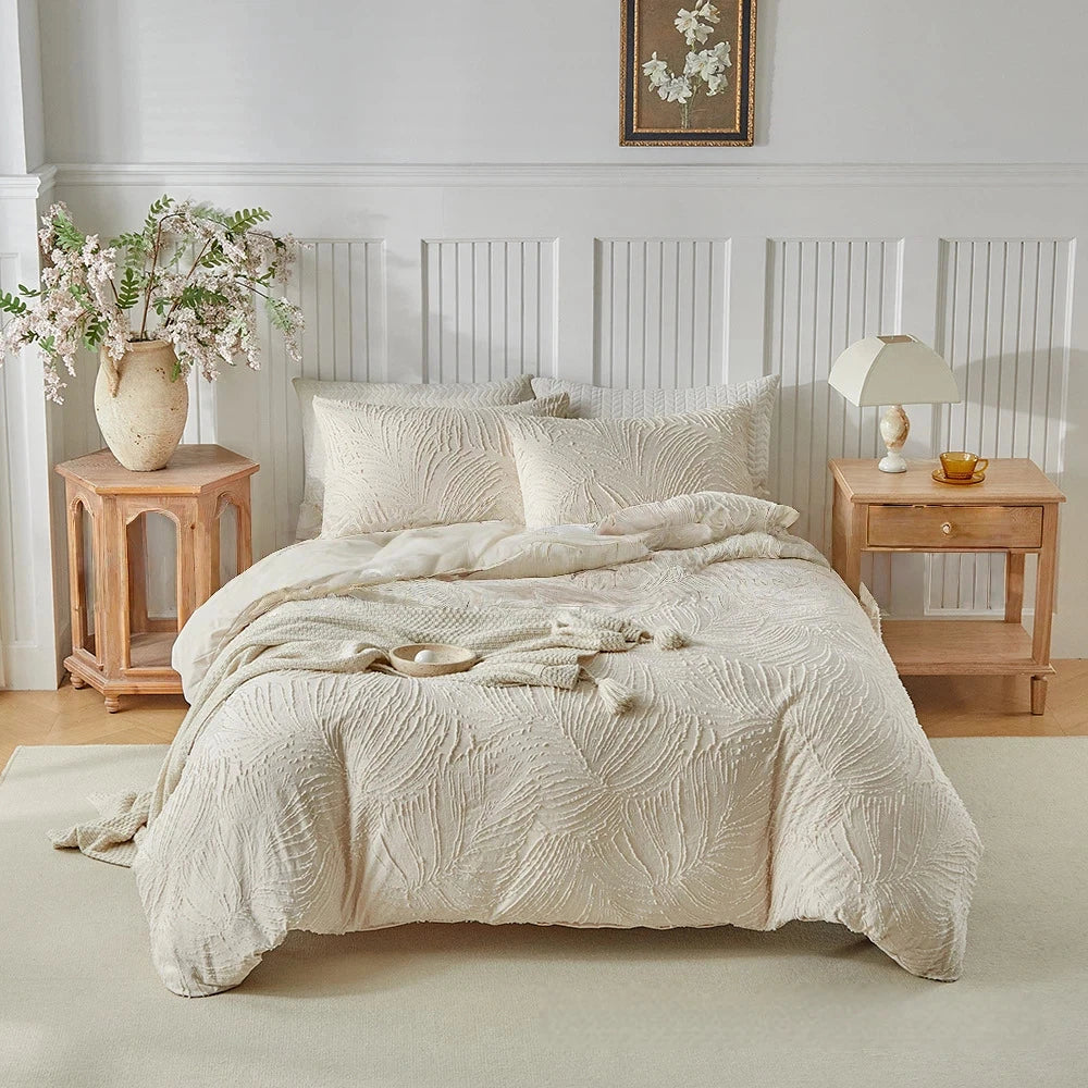 Juego de funda nórdica Beige de lujo con funda de almohada tamaño completo/Queen juego de cama de microfibra bohemio para todas las estaciones funda de edredón elegante