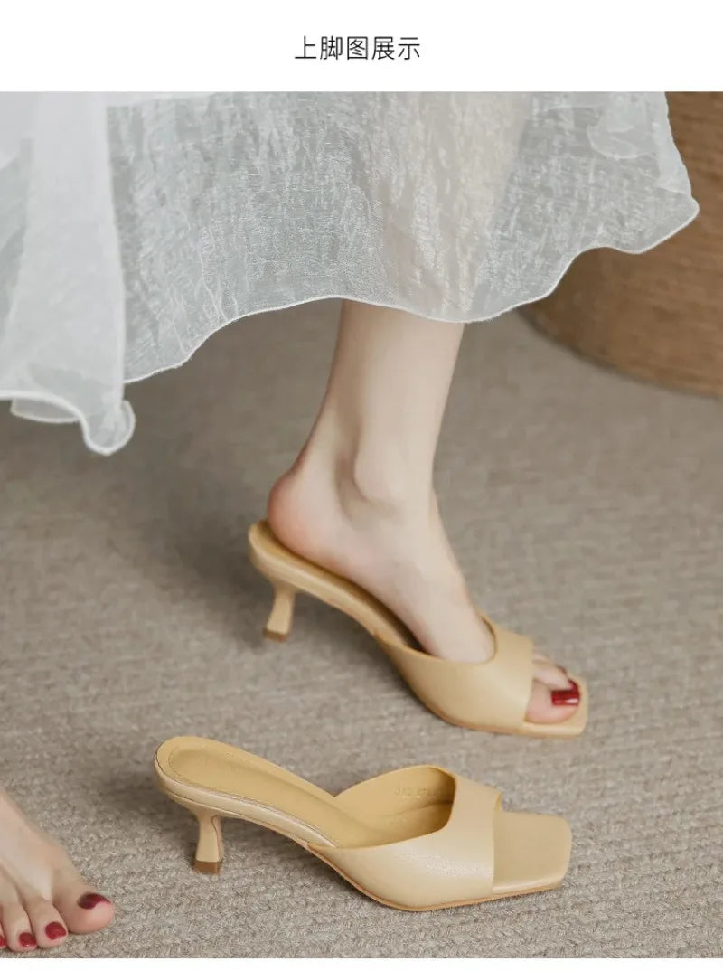 Pantuflas de Tacón Alto para Mujer, Pantuflas de Cuero Vacuno de Lujo, Pantuflas de Moda con Punta Cuadrada, Pantuflas de Tacón Alto con Punta Abierta para Verano