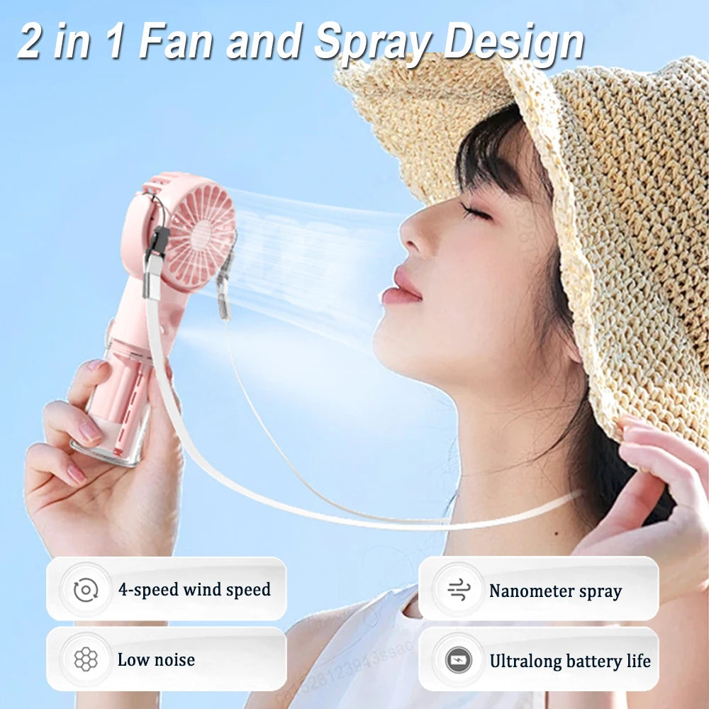 Miniventilador portátil de mano, dispositivo de pulverización de agua, con carga USB, 4 velocidades, para colgar en el cuello, Personal