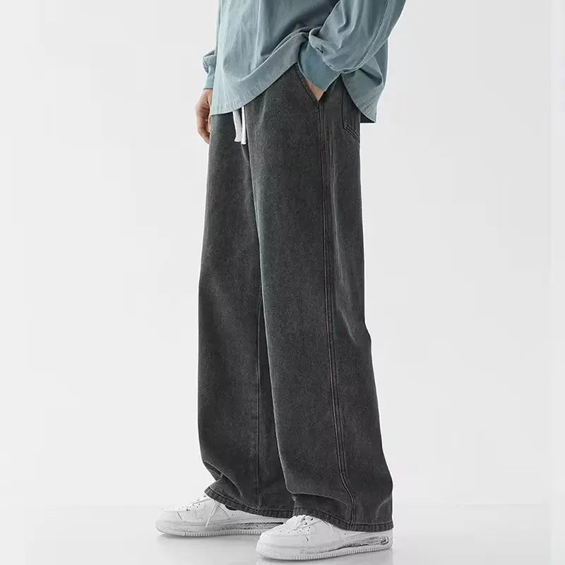 2025 nueva ropa para hombres pantalones de pierna ancha de mezclilla sueltos europeos y americanos pantalones vaqueros de pierna recta de cintura alta ajustados para hombres