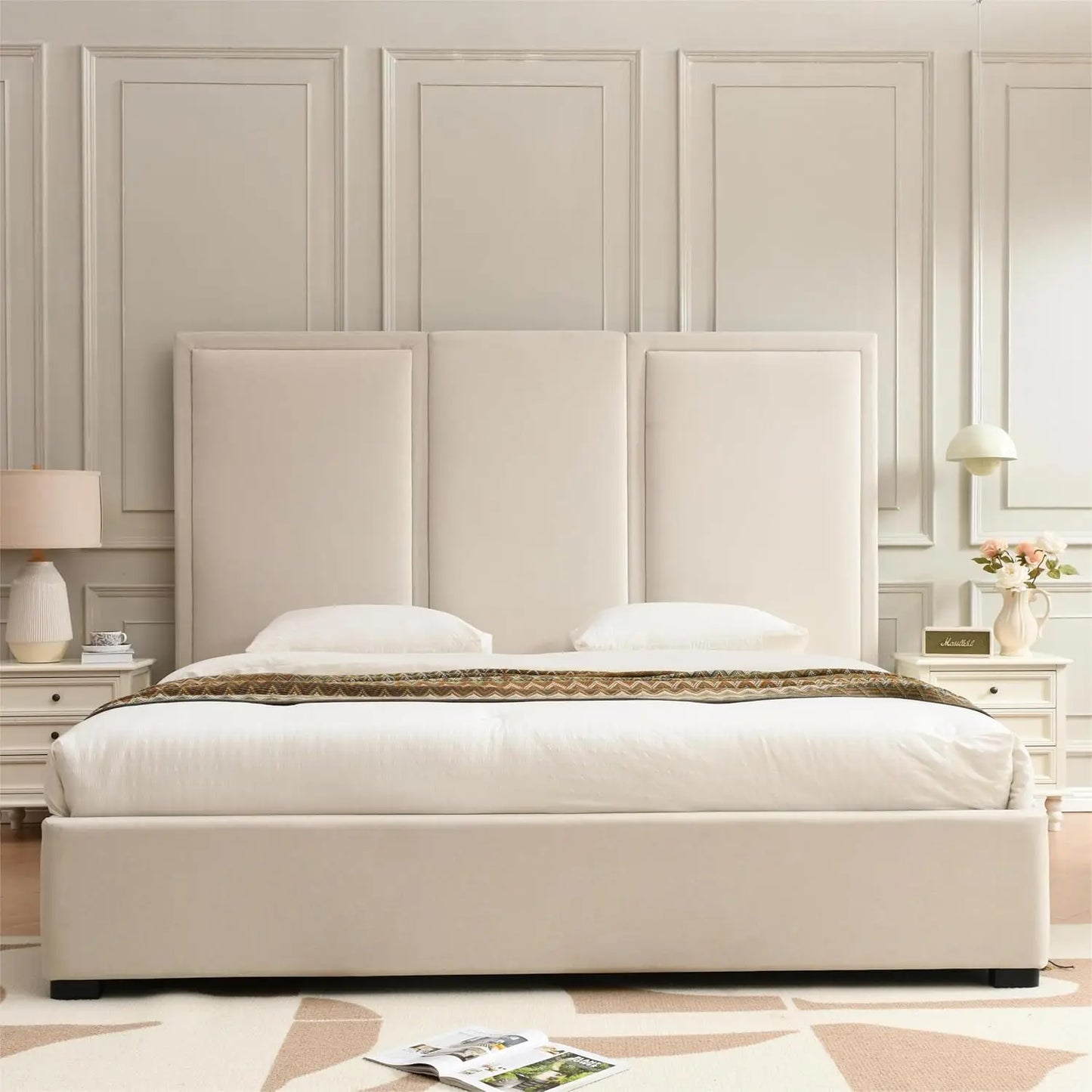 Estructura de cama tamaño King con cabecero alto de 64 pulgadas, cama con plataforma tapizada de lino simple y aireada con cajones de almacenamiento, listones de madera,