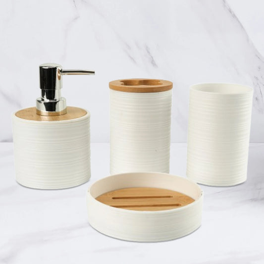 Suministros de baño de bambú para lavado de baño, estante de almacenamiento para el baño, juego de soporte para cepillos de dientes, taza para enjuague bucal, tocador, 4 Uds.