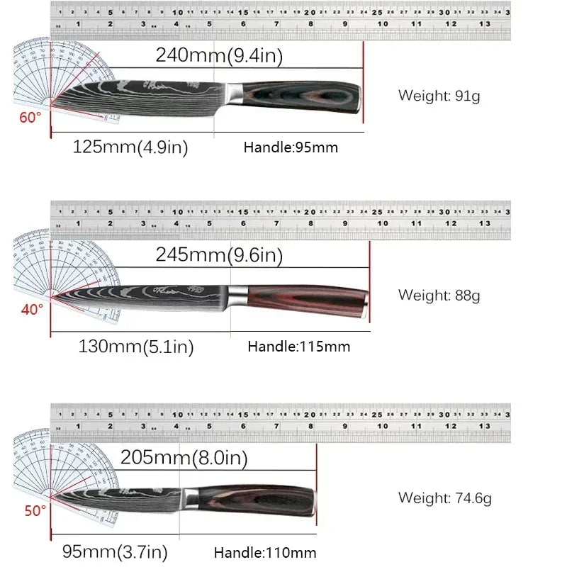 Juego de cuchillos de cocina con láser Damasco Santoku, cuchillo de utilidad, cuchillo de Chef profesional, cuchillo de carnicero, accesorios de cocina, 3 uds.