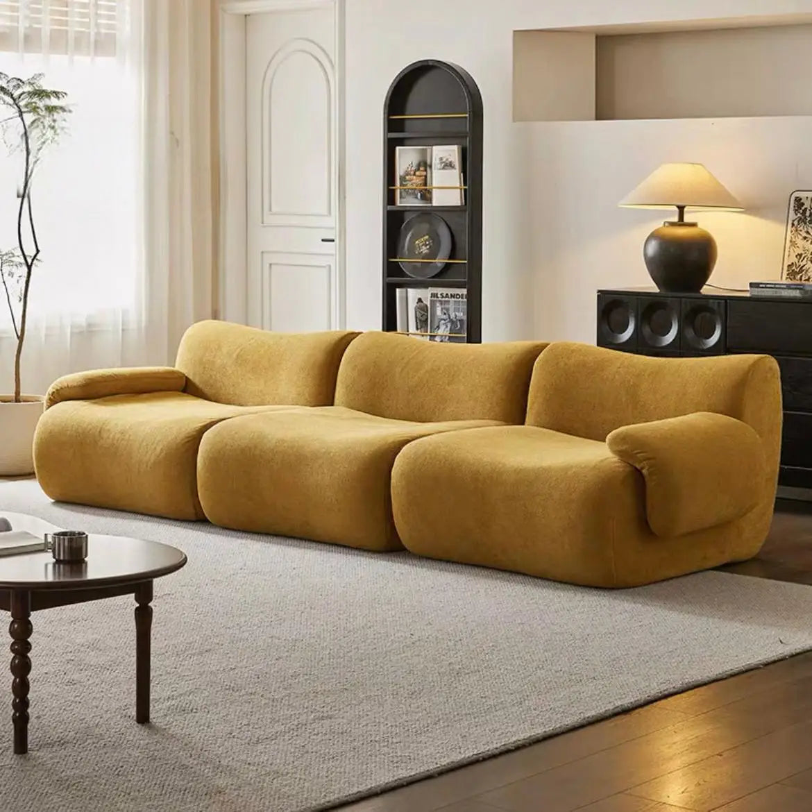 Sofá modular comprimido al vacío, seccional de tela Wabi-Sabi Sherpa con espuma muy elástica, estilo crema de mediados de siglo, ahorro de espacio