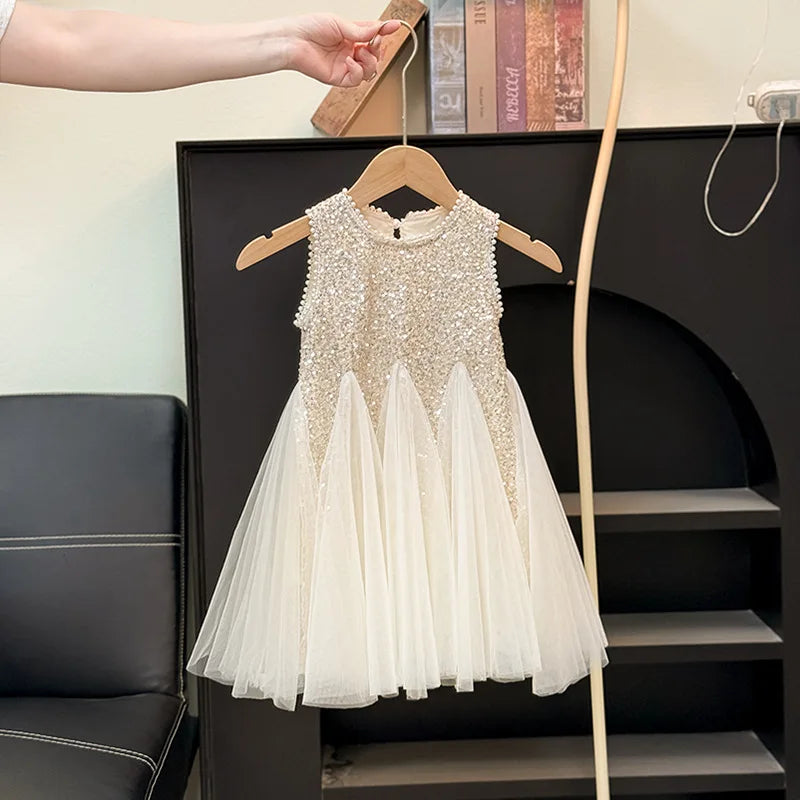 Vestido de tul de verano para niñas, vestido de princesa con lentejuelas y malla abullonada, Vestidos para fiesta de cumpleaños para niños, ropa informal de moda para niños de 2 a 10 años