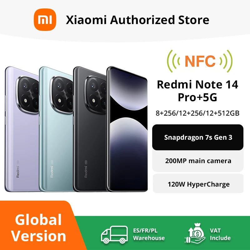 Versión global Redmi Note 14 Pro+ 5G Smartphone Snapdragon 7s Gen 3 200MP Cámara trasera IP68