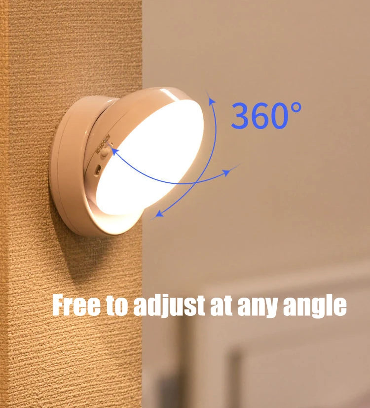Luz nocturna con Sensor de movimiento, iluminación LED inalámbrica recargable, magnética giratoria 360 para habitación, mesita de noche, iluminación de gabinete