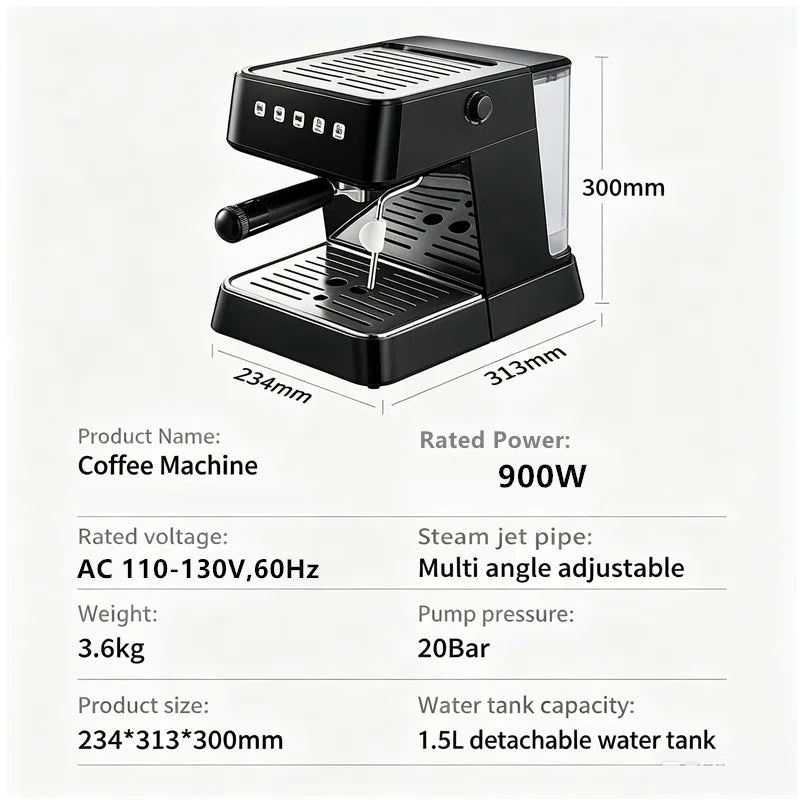 Cafetera Espresso de 20 Bares de Presión, Calentamiento Rápido en 20s, Extracción Automática, Espumador de Leche, Cafetera Barista para el Hogar, Tanque de Agua de 1.5L