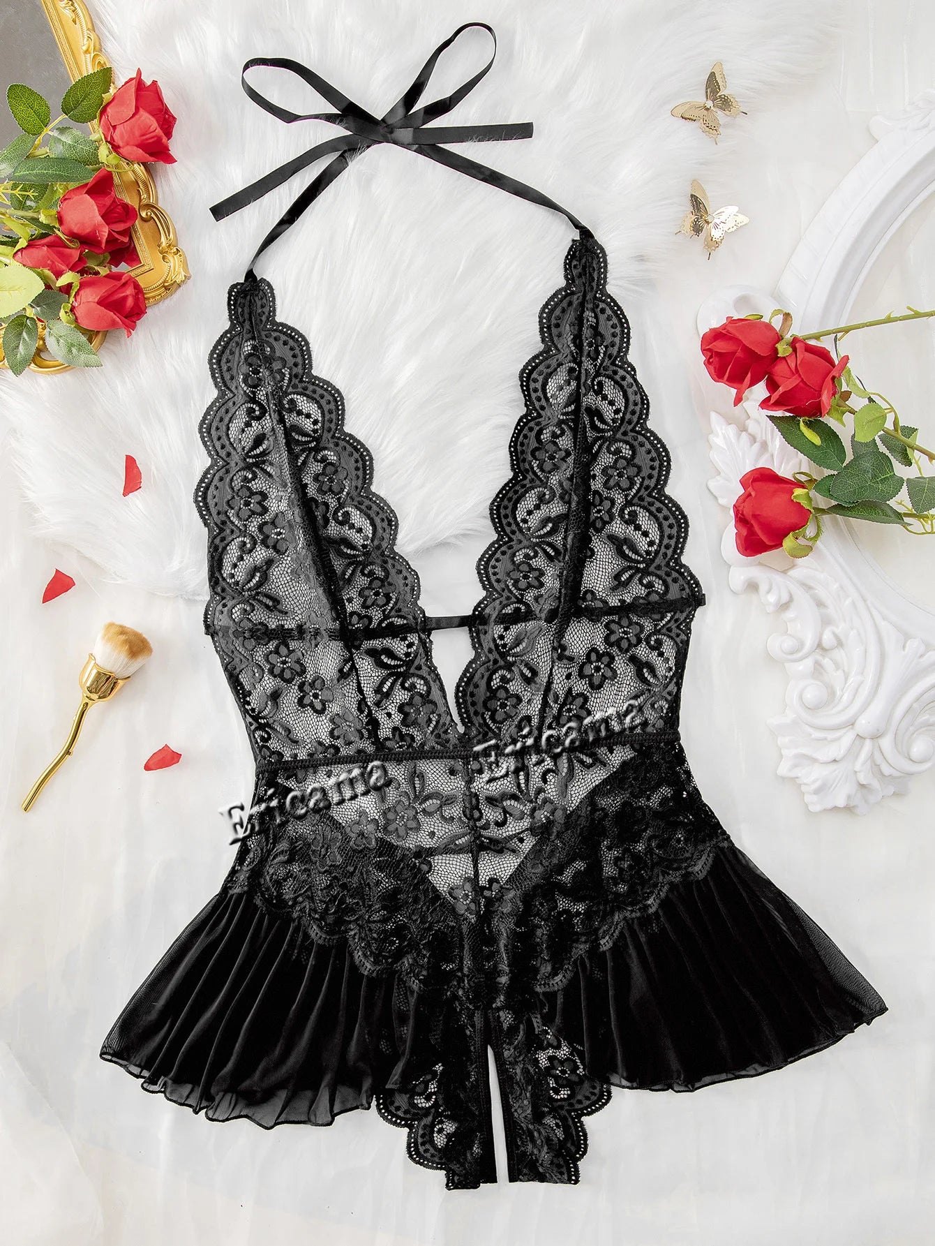 Conjunto de lencería erótica hueca de realce para mujer, ropa interior transparente de encaje, conjunto de sujetador erótico ajustado, vestido de dormir Sexy de encaje a la moda