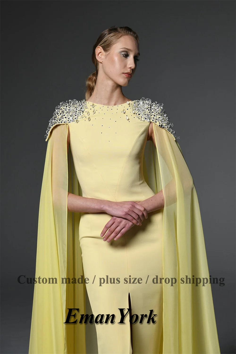 EmanY-Vestidos elegantes con diamantes De imitación para madre De la novia, capa con abertura, vestido De invitados De boda, Vestidos De Novia personalizados Plus