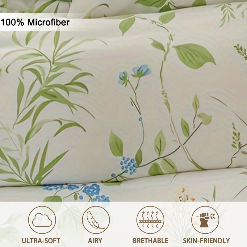 Juego de funda nórdica con estampado floral de hojas, 3 unidades/juego (1 funda nórdica y 2 fundas de almohada), juego de ropa de cama suave y agradable para la piel