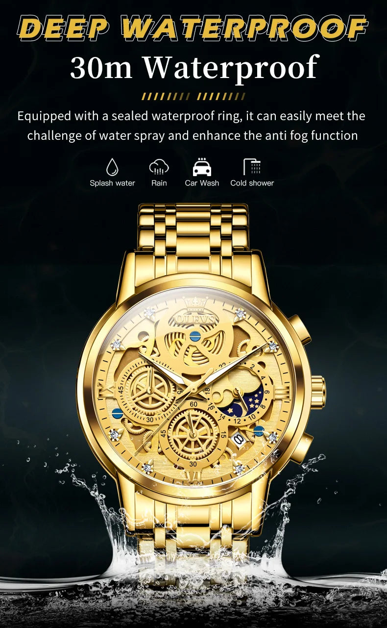 Relojes OLEVS para hombre, marca superior, reloj de cuarzo Original resistente al agua de lujo para hombre, estilo esqueleto dorado, 24 horas de día y noche, nuevo
