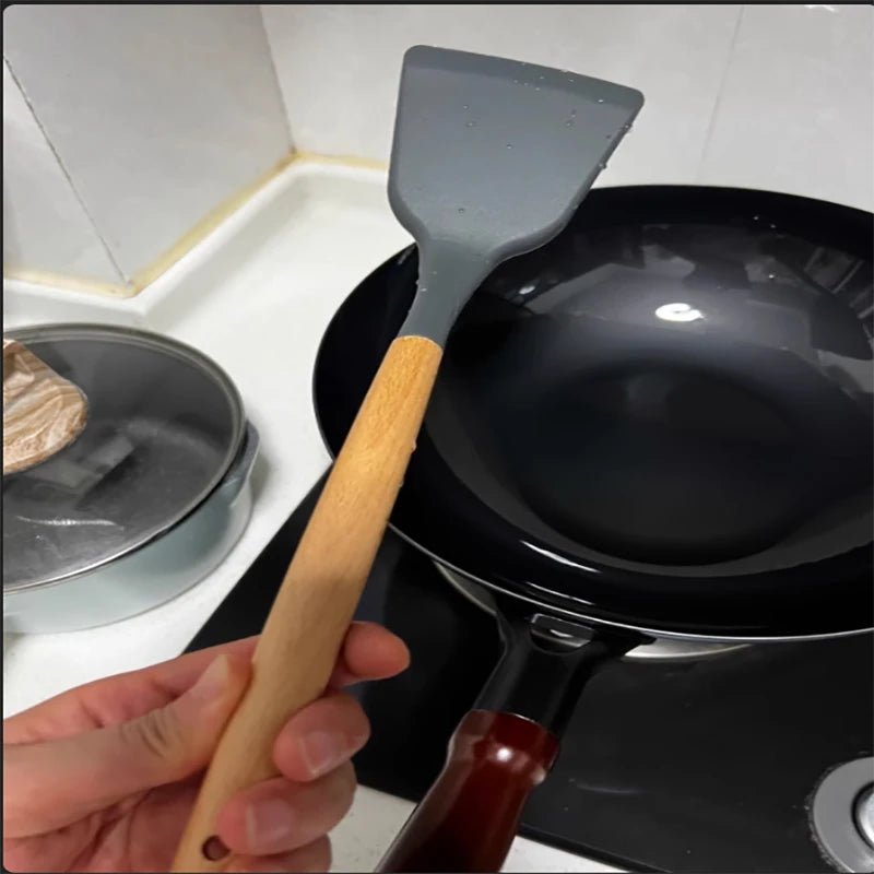 Juego de utensilios de cocina de silicona resistentes a altas temperaturas, pala con mango de madera, cuchara con fugas, herramienta, utensilio de cocina, accesorios para hornear