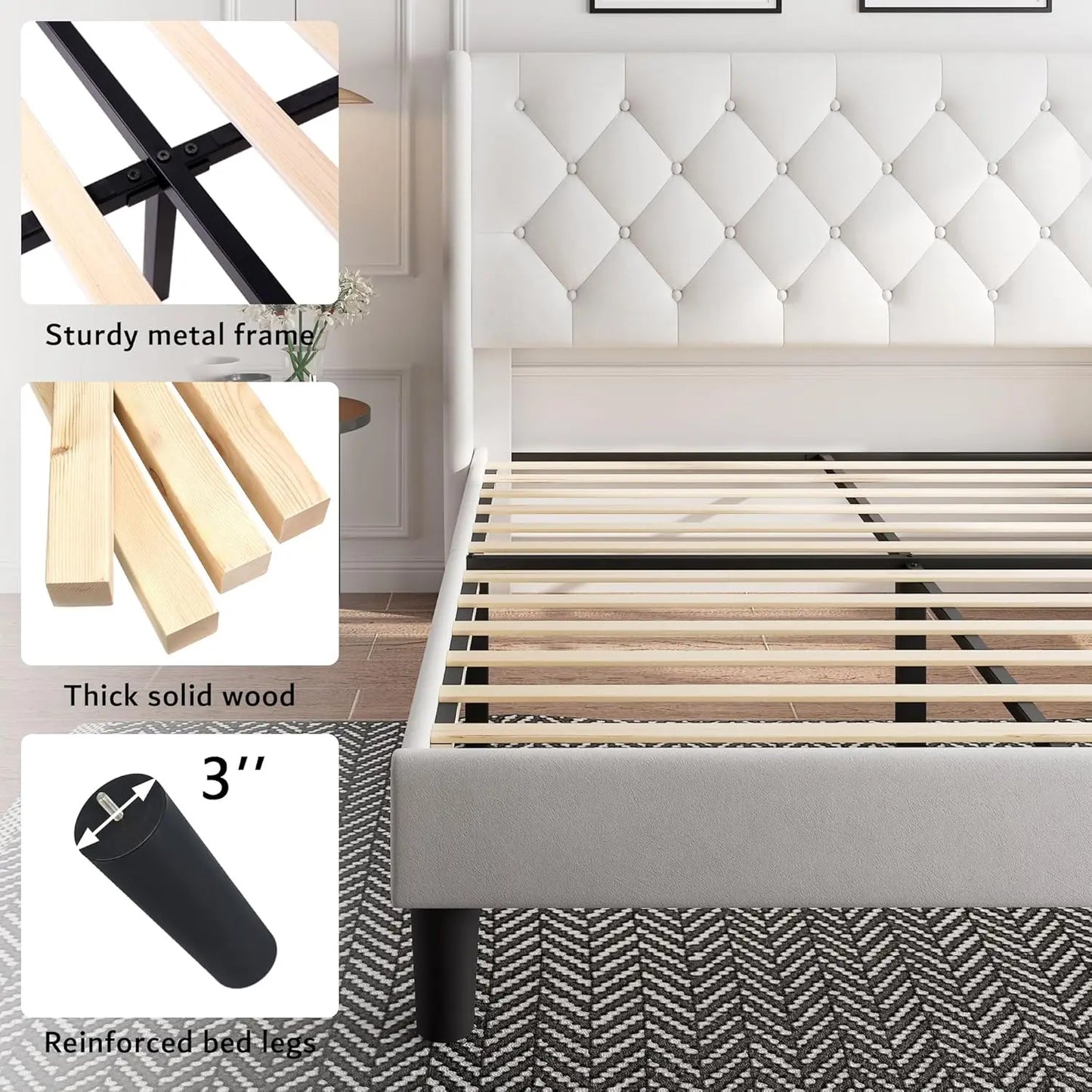 Cama Queen con Plataforma de Terciopelo, Tapizada con Botones, Estructura de Madera, Láminas de Madera, 8 Pulgadas de Espacio de Almacenamiento Debajo de la Cama, Sin Necesidad de Somier, Sin Ruido, Fácil de Montar
