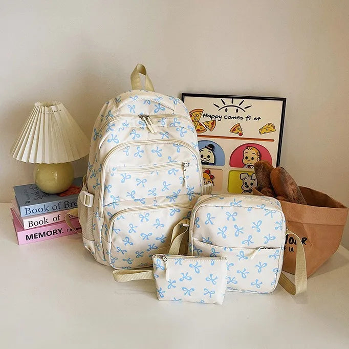 Juego de 3 Bolsas Escolares con Lazo, Mochila de Gran Capacidad, Mochila Casual de Viaje, Mochila Versátil, Bolsa Cruzada, Bolsas para Niñas
