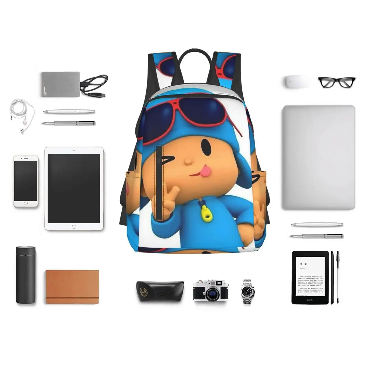 Mochila azul de dibujos animados de Pocoyo para niños, mochila de gran capacidad para niños, mochila escolar, bolsos de hombro para hombres y mujeres