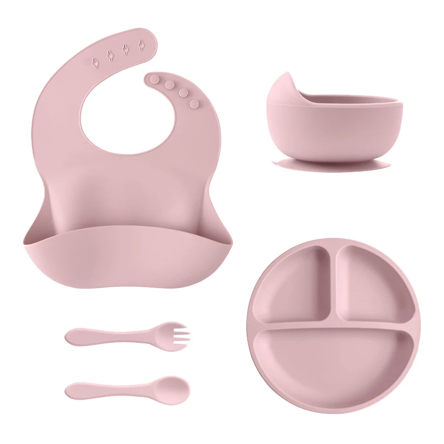 Juego de alimentación de silicona para bebé, plato de comedor redondo, cuenco con ventosa, platos para niños, babero impermeable, cuchara, vajilla para niños, 5 uds.