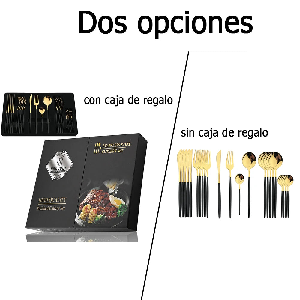 Juego de cubiertos dorados con mango negro, 24 Uds., cuchillo de acero inoxidable, tenedor, cuchara, vajilla, juego de cubiertos, vajilla de cocina para Festival, regalo
