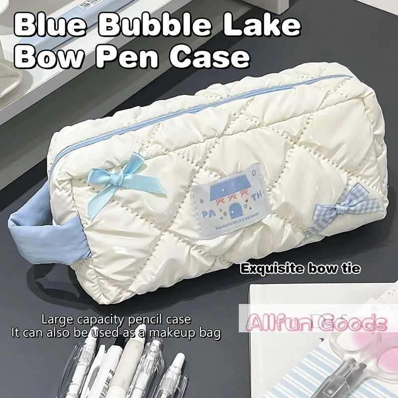 Bolsa de lápices con lazo azul y blanco, bolsa de papelería de gran capacidad, bolsa de almacenamiento de viaje, bolsas de cosméticos para mujer, estuche de lápices con diseño bonito para niñas