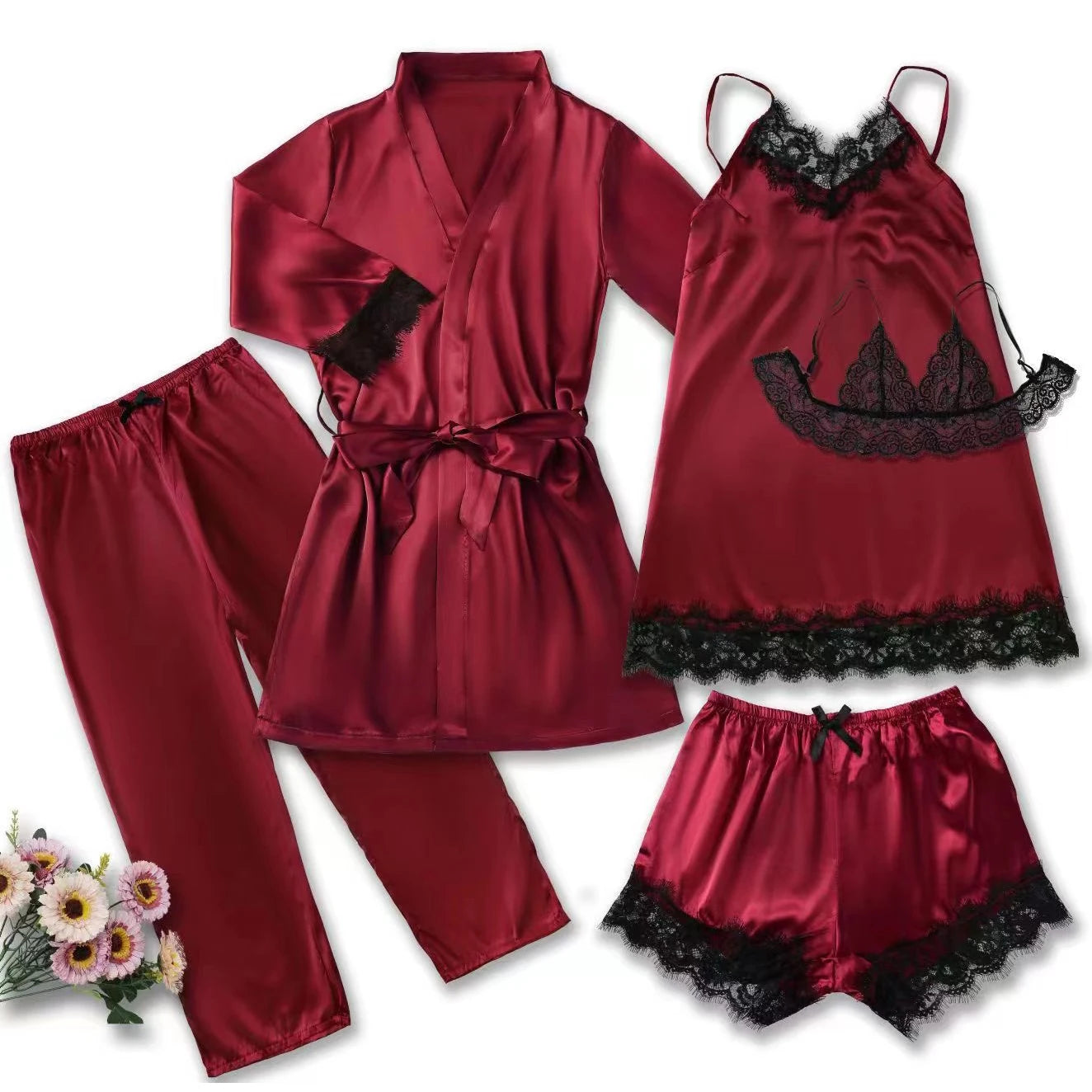 Conjunto de pijama de satén para mujer, lencería Sexy rosa, bata de baño de encaje de retazos, vestido de noche de seda, pantalones, ropa de dormir para el hogar
