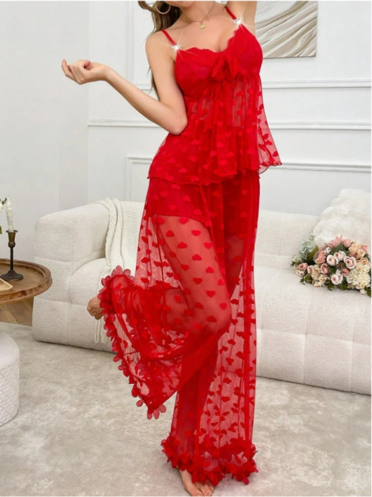Conjunto de pijama Sexy para mujer, sujetador de tiras transparente con corazón de encaje de 2 piezas y pantalones largos, conjunto de lencería de encaje de pétalos, ropa de dormir Sexy