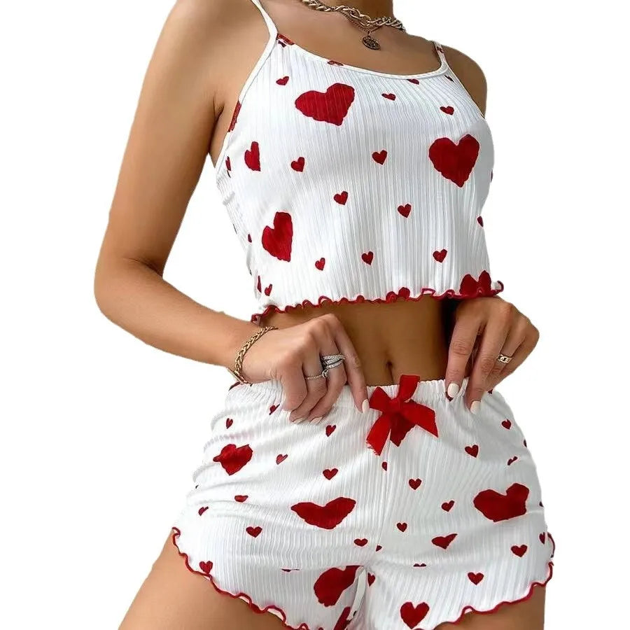 Conjunto de Pijama de Verano para Mujer, Transpirable, Suave, Informal, con Estampado de Amor, Pantalones Cortos con Tirantes, Lencería Sexy