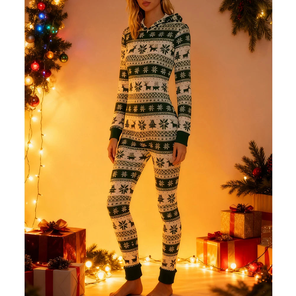 Peleles navideños a la moda para mujer, pijamas con estampado de copos de nieve, monos con capucha y cremallera de manga larga, ropa de dormir