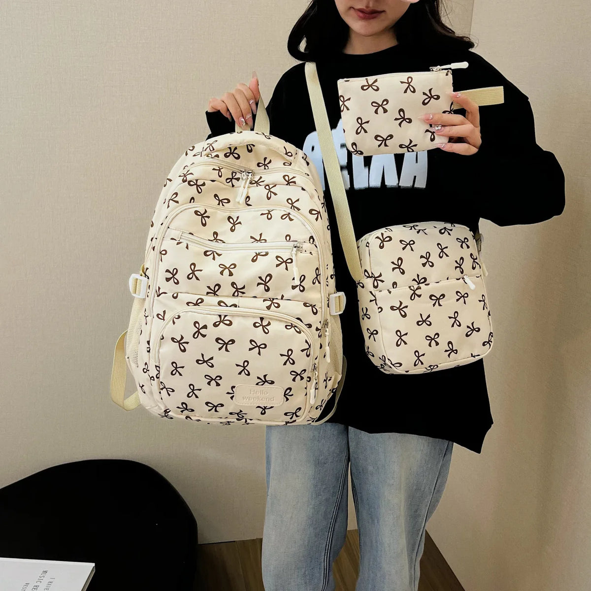 Juego de 3 Bolsas Escolares con Lazo, Mochila de Gran Capacidad, Mochila Casual de Viaje, Mochila Versátil, Bolsa Cruzada, Bolsas para Niñas