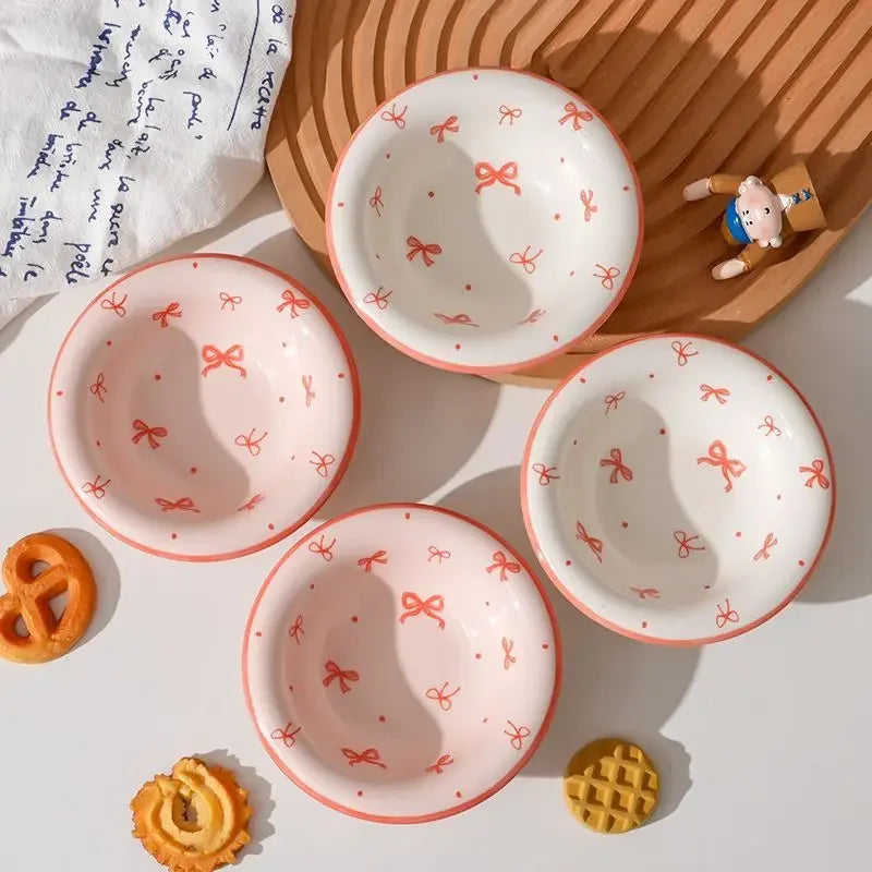 Juego de 4 Platos de Cerámica con Lazo Rosa para Salsas, Tazones Bonitos para Condimentos, Platos para Servir en la Mesa, Platos para Salsa de Soja y Vinagre, Platos para Sumergir en Hot Pot, Venta al por Mayor