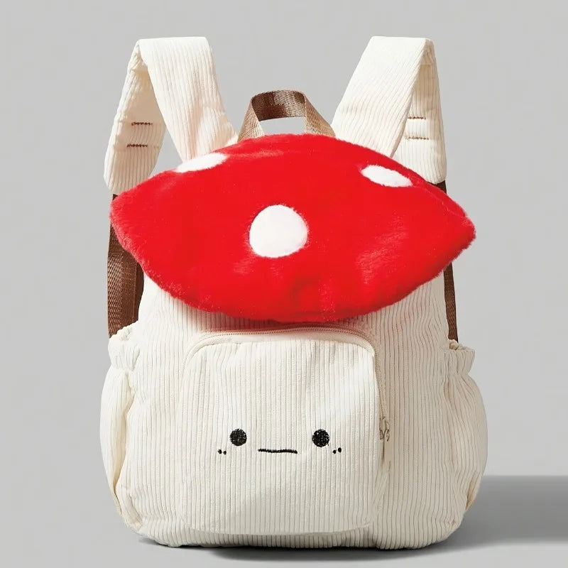 Mochila Kawaii de felpa con forma de seta para mujer, bolso de mano bonito con correas ajustables, cierre de cremallera, mochilas de estudiante de pana roja/blanca