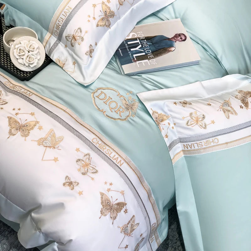 Juego de cama 100% de algodón, edredón bordado de mariposa dorada de lujo/funda nórdica, juegos de sábanas ajustadas, fundas de almohada, textiles para el hogar