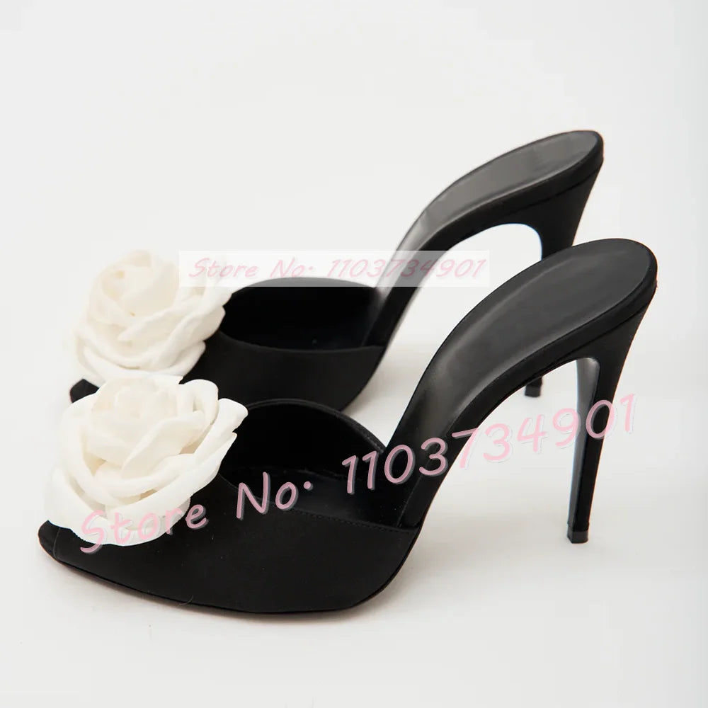 Mules de tacón alto fino de satén para mujer, zapatos aterciopelados con apliques florales, color rosa y rosa, elegantes y negros