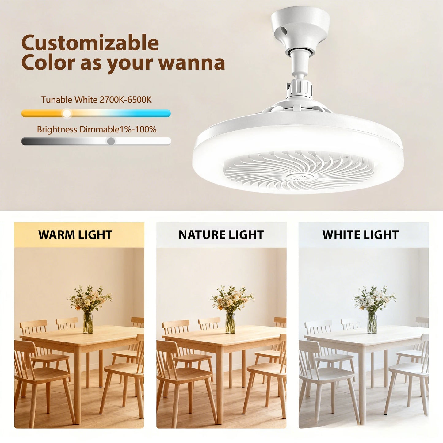 Ventilador de techo LED 2 en 1 de 50W con soporte para lámpara, control remoto, 3 velocidades, luz ajustable y regulable para dormitorio y sala de estar