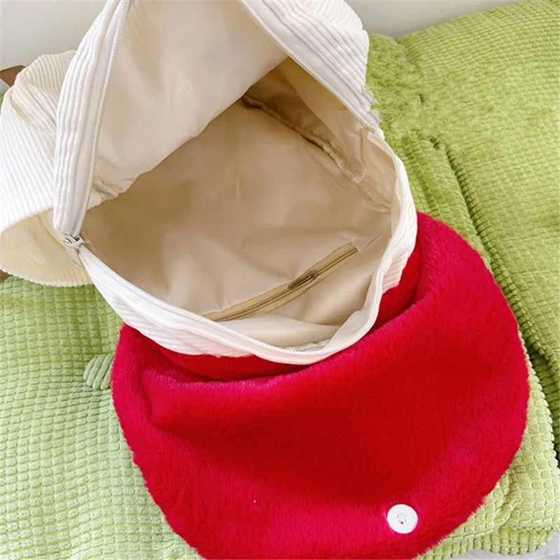 Mochila Kawaii de felpa con forma de seta para mujer, bolso de mano bonito con correas ajustables, cierre de cremallera, mochilas de estudiante de pana roja/blanca