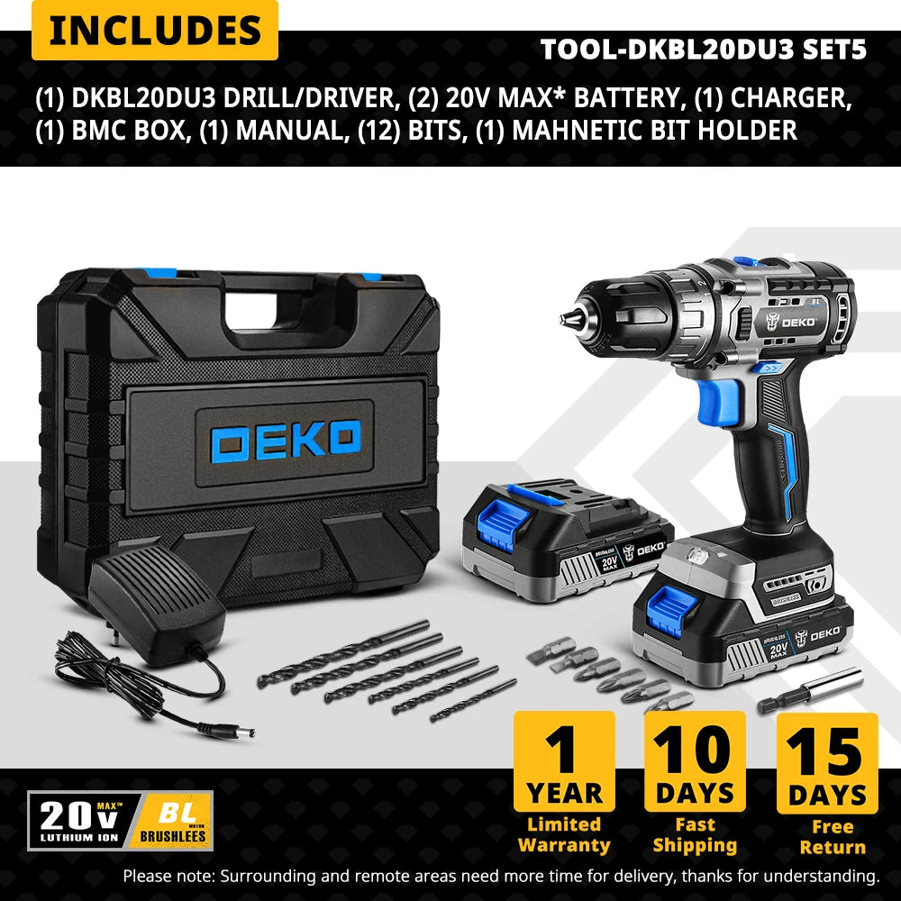 DEKO-Taladro Inalámbrico sin escobillas de 20V, Kit combinado de Mini destornillador eléctrico, herramientas eléctricas de 2 velocidades para carpintería