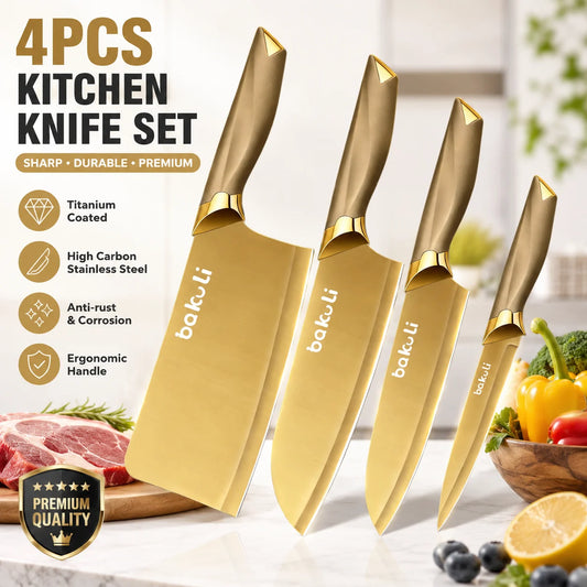 Juego de Cuchillos de Cocina Dorados de 4 Piezas, Hojas con Revestimiento de Titanio Antiadherente, Mango Ergonómico, Cuchillo de Chef, Cuchillo Multiusos, Cuchillos para Frutas para el Hogar