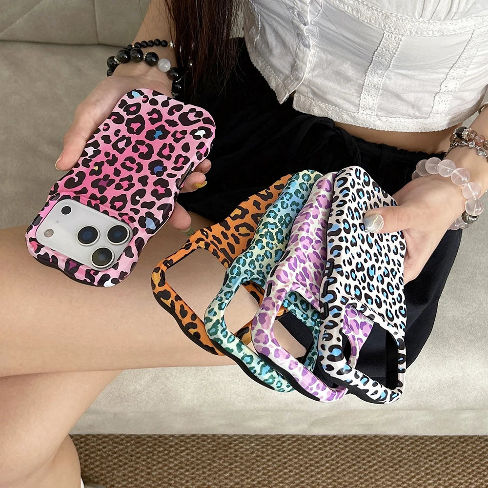 Funda protectora de lujo 2 en 1 con estampado de leopardo degradado a prueba de golpes para IPhone 13 14 15 16 17 Pro Max Wave Edge contraportada