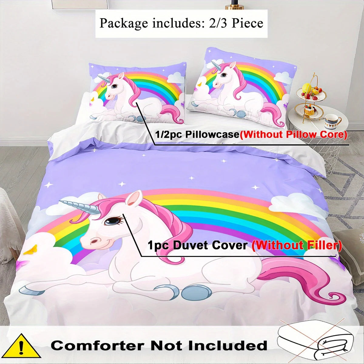 Juego de funda nórdica con tema de unicornio, 2/3 piezas, suave, cómodo, transpirable, juego de cama con estampado de unicornio arcoíris, estampado de animales de fantasía