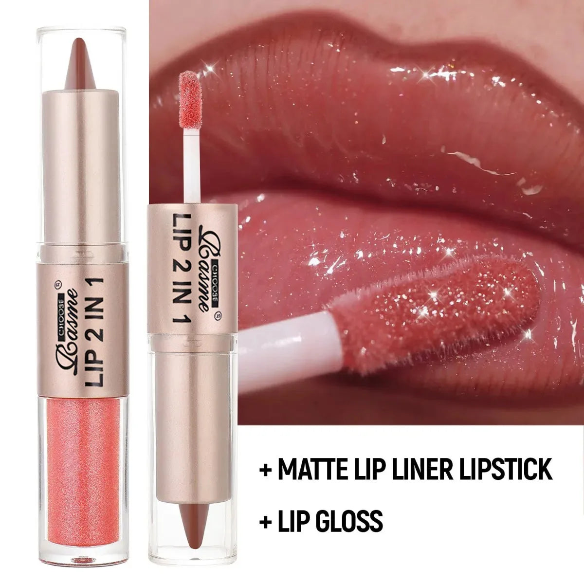 Lápiz delineador de labios degradado cónico 2 en 1, brillo de labios de cristal de espejo marrón desnudo, delineador de labios mate, maquillaje antiadherente para contorno de labios resistente al agua