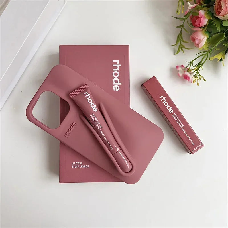 Maquillaje Rhode con caja, soporte para lápiz labial, funda de teléfono para IPhone17 Air 11 12 13 14 15 16 Pro Max Plus, funda suave de silicona para brillo de labios