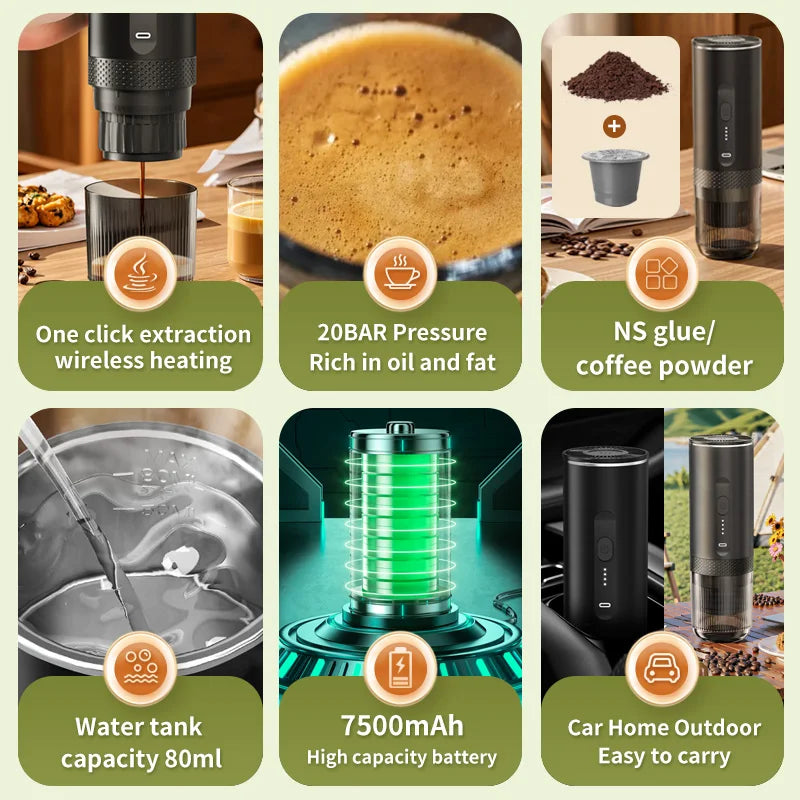 Cafetera Espresso eléctrica inalámbrica 2 en 1 para coche y hogar, cafetera portátil para acampar, cafetera de viaje en polvo cápsula
