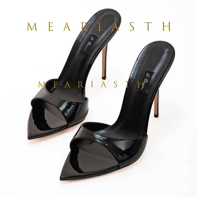 Mulas de cuero de Color caramelo para mujer, zapatos de tacón alto fino con punta abierta y punta abierta, zapatillas modernas sexis para fiesta para primavera y verano