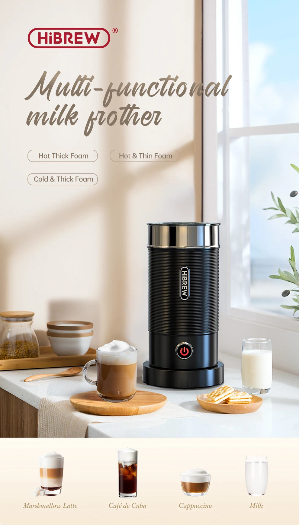 HiBREW Espumador de leche Espumador Mezclador de chocolate Latte frío/caliente Capuchino Calentador de leche completamente automático Cool Touch M1A