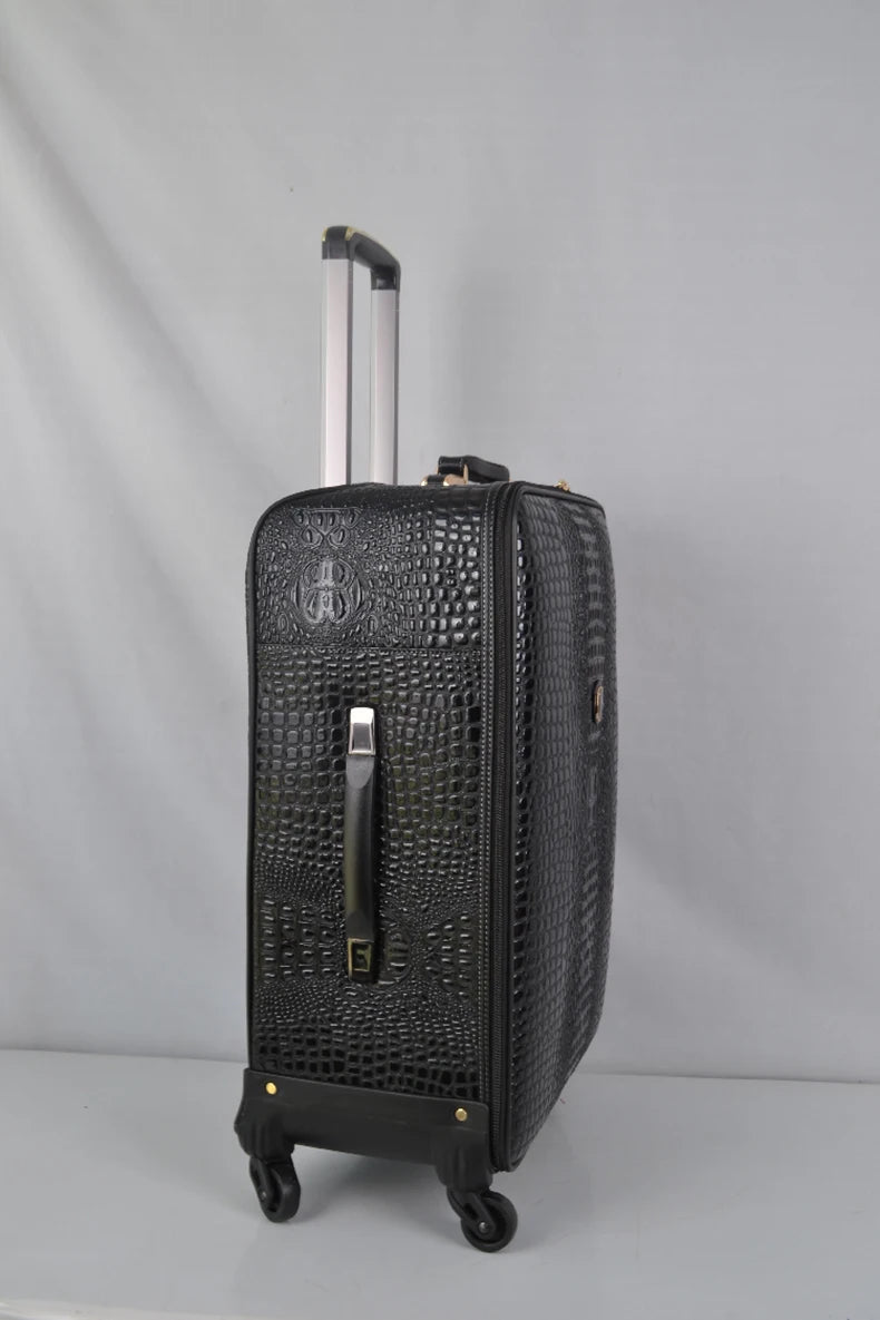 Equipaje rodante de cuero con patrón de cocodrilo, maleta con ruedas de embarque de 16/20/24 pulgadas, equipaje de viaje de cuero real para hombres y mujeres