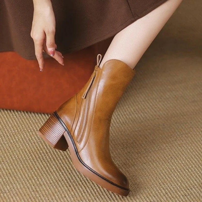Botines de tacón alto para mujer, botas cortas de cuero con punta redonda, botas de tacón grueso, botines con cremallera lateral, tacón de plataforma para mujer
