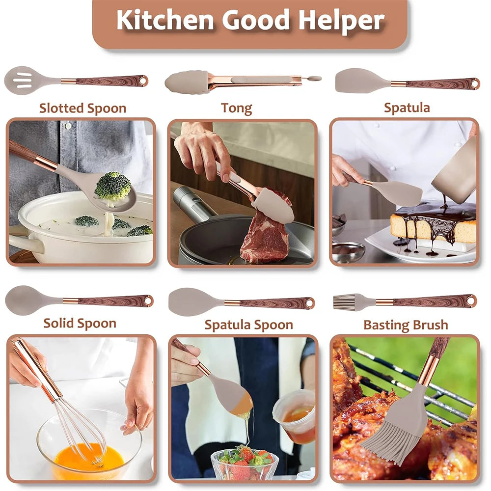 LMETJMA Juego de utensilios de cocina de silicona, 10 Uds., utensilio de cocina con soporte para utensilios, asas de patrón de madera, utensilios de cocina antiadherentes JT264