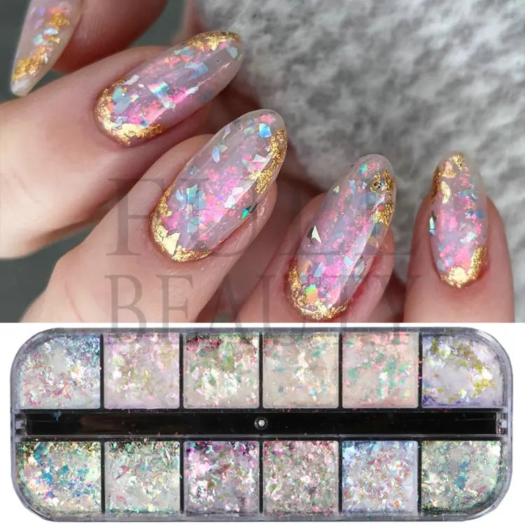 12 rejillas iridiscentes para uñas Aurora, purpurina de cristal, copos de fuego, holográficos, lentejuelas brillantes, dijes, esmalte de Gel, Flash para manicura